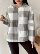 Women's Plush Coat - Non-Stretchy Beige & Brown Checkered Winter Jacket, Machine Washable Cold Weather Outerwear for Fall/Winter, Chic Everyday & Formal Events Coat, Winter Coats, Casual Winter Wear, Textured Fabric