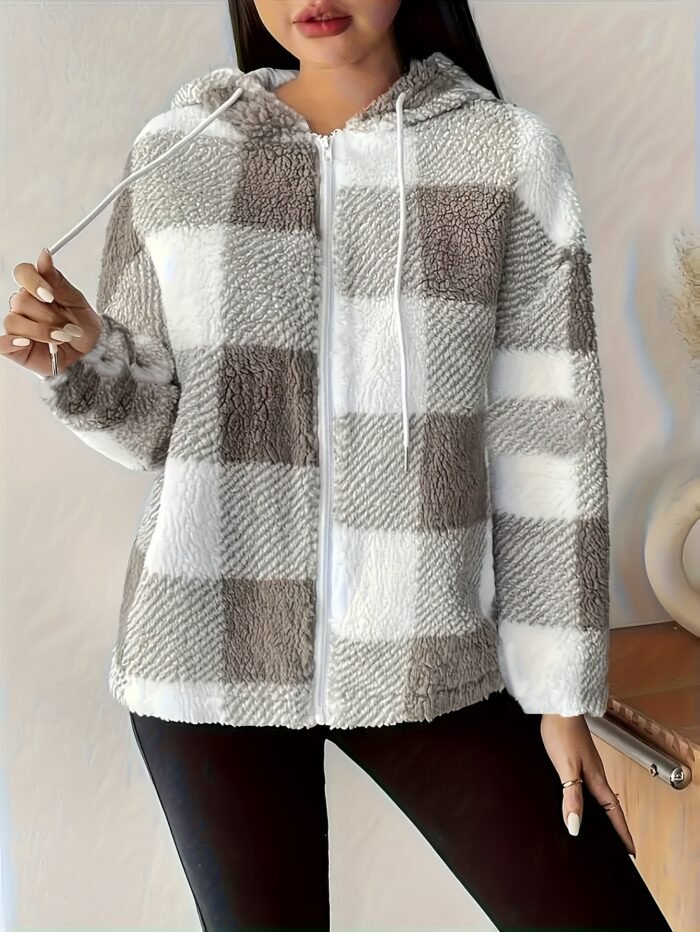Women's Plush Coat - Non-Stretchy Beige & Brown Checkered Winter Jacket, Machine Washable Cold Weather Outerwear for Fall/Winter, Chic Everyday & Formal Events Coat, Winter Coats, Casual Winter Wear, Textured Fabric - Image 6