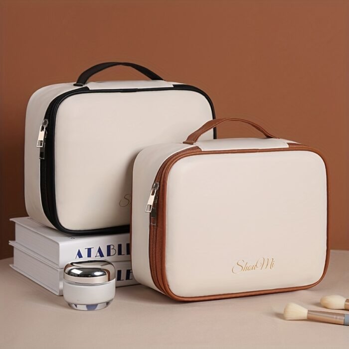Large Capacity PU Handheld Makeup Bag - Portable Cosmetic Organizer with Detachable Brush Holder, White, Ideal for Lipstick, Perfume, Skincare, and Makeup Tools, Perfect Holiday Gift, Makeup Brush Holde