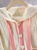 Women's Preppy Style Hooded Cardigan - & Pink Striped Button-Front Sweater with Heart Details, Loose Fit Jacket for Fall Winter Layering, Medium Stretch Casual Outerwear, Sweater Cardigan, Seasonal Fashion, Playful Details, Quality Stitching, College, Casual Attire, Soft Texture, Fashion Lovers