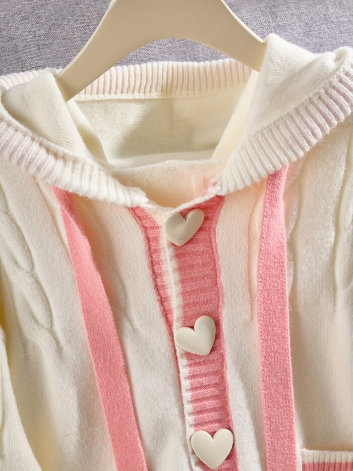 Women's Preppy Style Hooded Cardigan - & Pink Striped Button-Front Sweater with Heart Details, Loose Fit Jacket for Fall Winter Layering, Medium Stretch Casual Outerwear, Sweater Cardigan, Seasonal Fashion, Playful Details, Quality Stitching, College, Casual Attire, Soft Texture, Fashion Lovers - Image 7