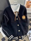 Women'S Color Block Cardigan - V-Neck with Tie-Front, Button-Up Sweater Jacket in Navy Blue & White, Long Sleeve for Fall/Winter, Cozy Casual Outerwear