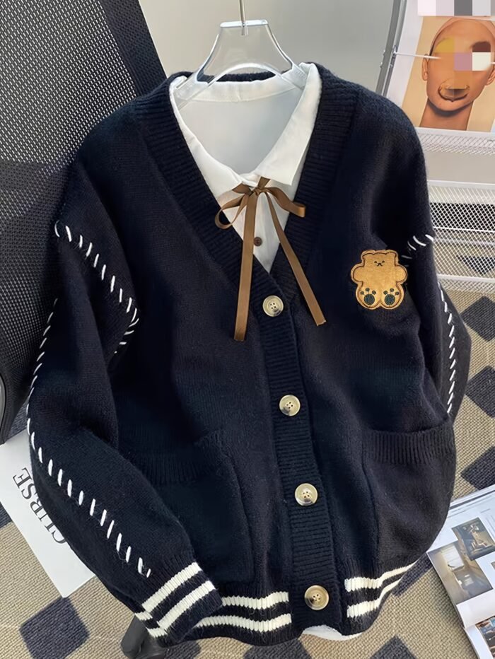 Women'S Color Block Cardigan - V-Neck with Tie-Front, Button-Up Sweater Jacket in Navy Blue & White, Long Sleeve for Fall/Winter, Cozy Casual Outerwear - Image 2