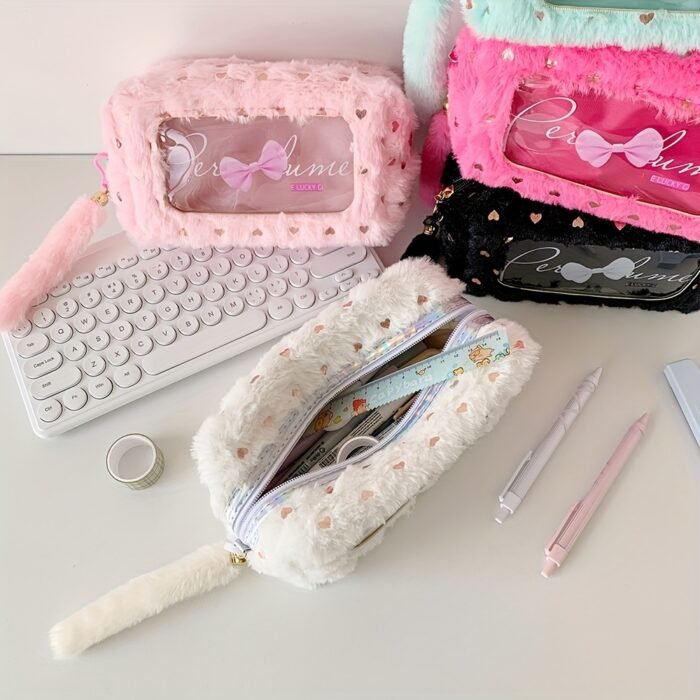 Cute Plush Makeup Bag with Bow Charm - Portable Cosmetic Organizer for Women, Soft Pink with Golden Accents, Compact Design for Travel & Daily Use, Makeup Travel Bag, Playful Design, Decorative Bow Detail - Image 12