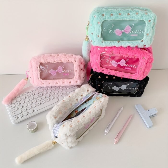 Cute Plush Makeup Bag with Bow Charm - Portable Cosmetic Organizer for Women, Soft Pink with Golden Accents, Compact Design for Travel & Daily Use, Makeup Travel Bag, Playful Design, Decorative Bow Detail - Image 10