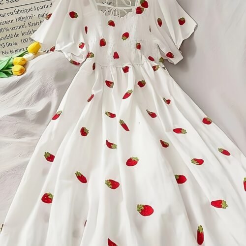 Women'S Cute Forest-Themed A-Line Dress with Ruffle Sleeves - White with Red Cherries & Green Leaves Print, Short Sleeve, Long Length, Perfect for Spring/Summer, Casual Attire, Casual Attire|Ruffle Sleeve Dress|Aline Silhouette, Cute Dresses