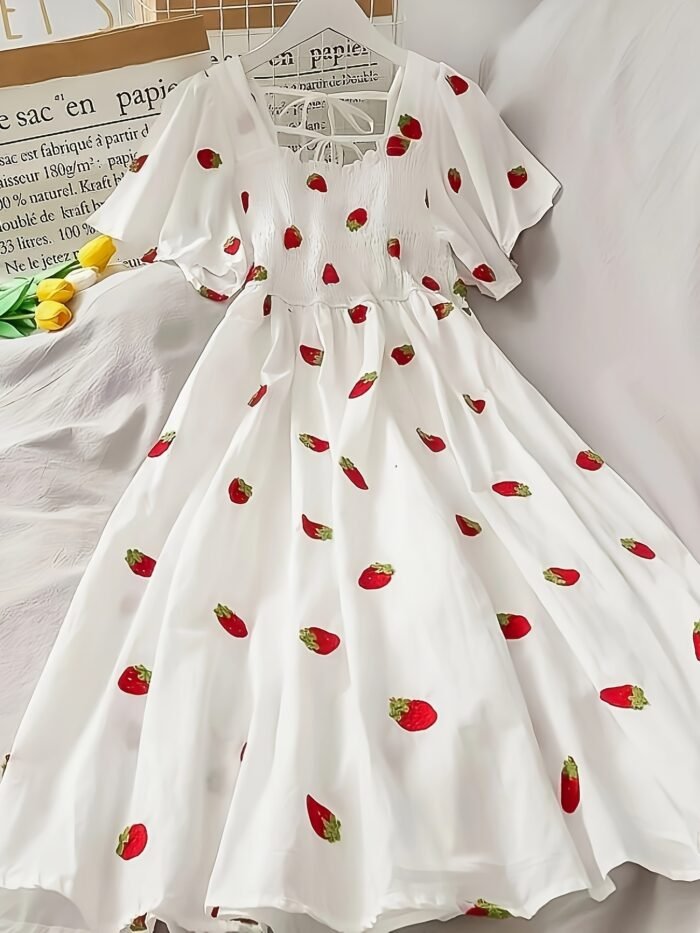Women'S Cute Forest-Themed A-Line Dress with Ruffle Sleeves - White with Red Cherries & Green Leaves Print, Short Sleeve, Long Length, Perfect for Spring/Summer, Casual Attire, Casual Attire|Ruffle Sleeve Dress|Aline Silhouette, Cute Dresses