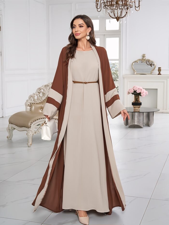 Breathable Light Beige-Friendly Fabric Color-Block Open Front Abaya with Sleeveless Inner Layer - Simple, Elegant, and Versatile Muslim Dress for Women's Daily Wear Parties, Suitable for Birthdays & Gatherings - Image 5