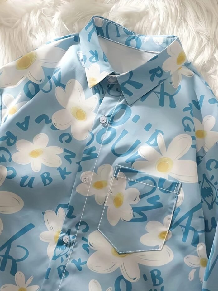 Women'S Floral Print Short Sleeve Blouse - Casual Loose Fit, Button-Up Shirt with Collar, Light Blue Floral Design, Perfect for Spring/Summer/Fall, Ladies Blouses - Image 4