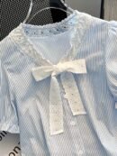 Women's & White Striped Puff Sleeve Blouse - Short Sleeve Button-Front Shirt with Bow Tie Collar, Vertical Striped Top for Spring Summer Casual & Semi-Formal Wear, Machine Washable (Non-Stretch)