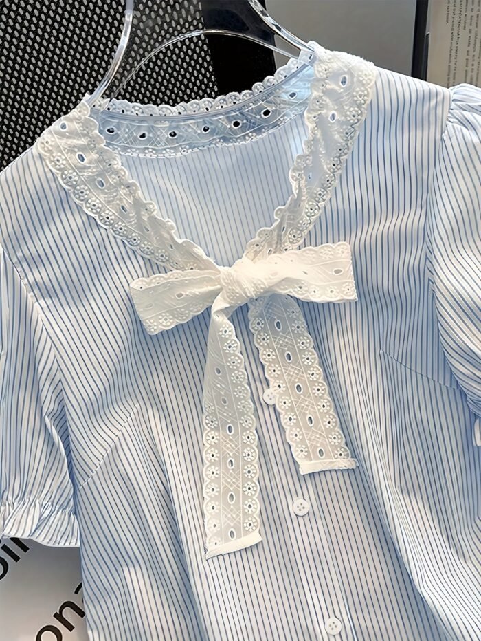 Women's & White Striped Puff Sleeve Blouse - Short Sleeve Button-Front Shirt with Bow Tie Collar, Vertical Striped Top for Spring Summer Casual & Semi-Formal Wear, Machine Washable (Non-Stretch) - Image 3