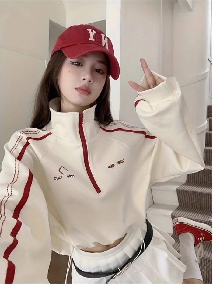 Early Spring New Style Stand Collar Long Sleeve Color Block Hoodie Women's Design Half-Zip Short Casual Top - Image 4