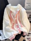 Women's Preppy Style Hooded Cardigan - & Pink Striped Button-Front Sweater with Heart Details, Loose Fit Jacket for Fall Winter Layering, Medium Stretch Casual Outerwear, Sweater Cardigan, Seasonal Fashion, Playful Details, Quality Stitching, College, Casual Attire, Soft Texture, Fashion Lovers
