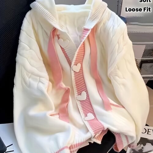 Women's Preppy Style Hooded Cardigan - & Pink Striped Button-Front Sweater with Heart Details, Loose Fit Jacket for Fall Winter Layering, Medium Stretch Casual Outerwear, Sweater Cardigan, Seasonal Fashion, Playful Details, Quality Stitching, College, Casual Attire, Soft Texture, Fashion Lovers