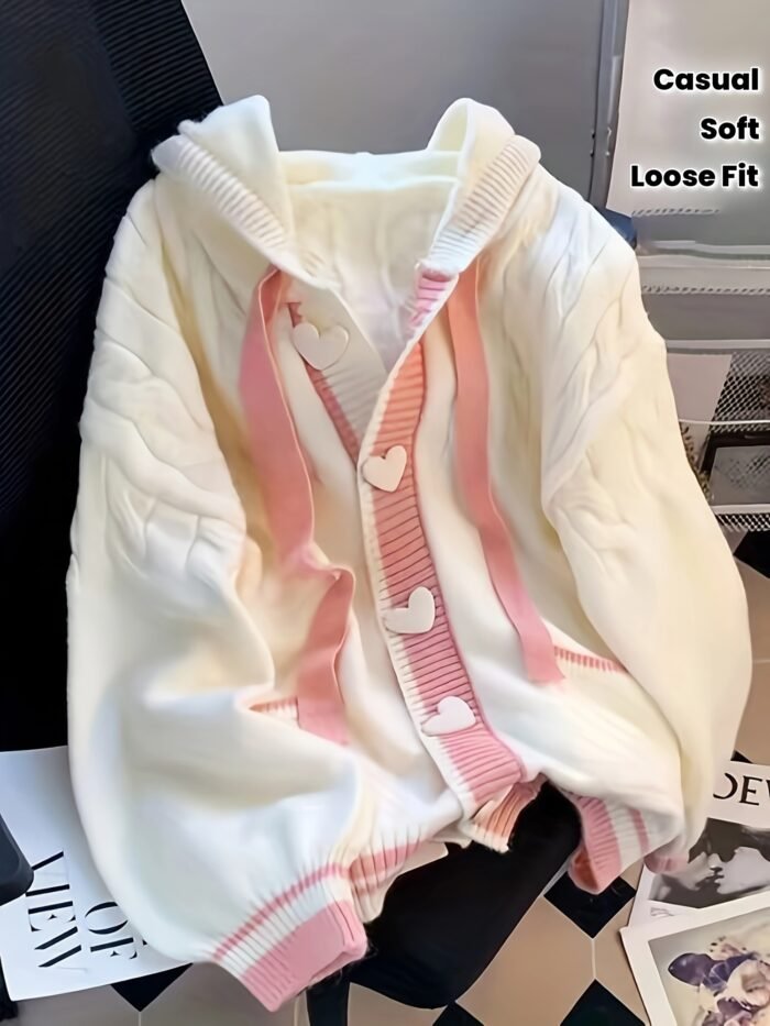 Women's Preppy Style Hooded Cardigan - & Pink Striped Button-Front Sweater with Heart Details, Loose Fit Jacket for Fall Winter Layering, Medium Stretch Casual Outerwear, Sweater Cardigan, Seasonal Fashion, Playful Details, Quality Stitching, College, Casual Attire, Soft Texture, Fashion Lovers