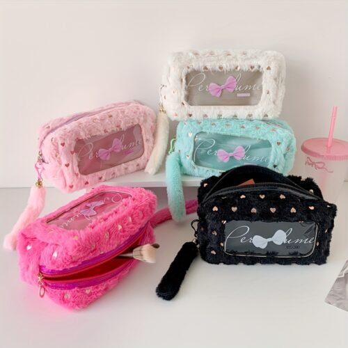 Cute Plush Makeup Bag with Bow Charm - Portable Cosmetic Organizer for Women, Soft Pink with Golden Accents, Compact Design for Travel & Daily Use, Makeup Travel Bag, Playful Design, Decorative Bow Detail