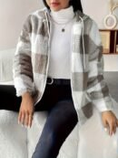 Women's Plush Coat - Non-Stretchy Beige & Brown Checkered Winter Jacket, Machine Washable Cold Weather Outerwear for Fall/Winter, Chic Everyday & Formal Events Coat, Winter Coats, Casual Winter Wear, Textured Fabric