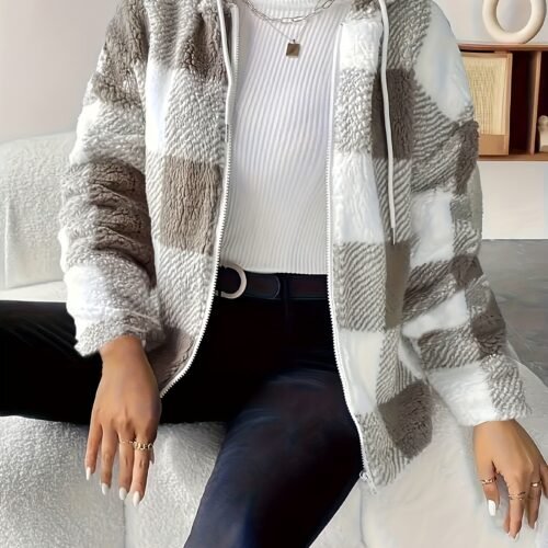 Women's Plush Coat - Non-Stretchy Beige & Brown Checkered Winter Jacket, Machine Washable Cold Weather Outerwear for Fall/Winter, Chic Everyday & Formal Events Coat, Winter Coats, Casual Winter Wear, Textured Fabric