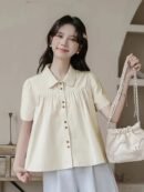 [Chic Blouse] Lightweight Polyester Summer Short Sleeve Blouse for Women | Chic, Casual Yet Stylish, Sweet Doll Collar, Button-Up Shirt with Chest Pockets