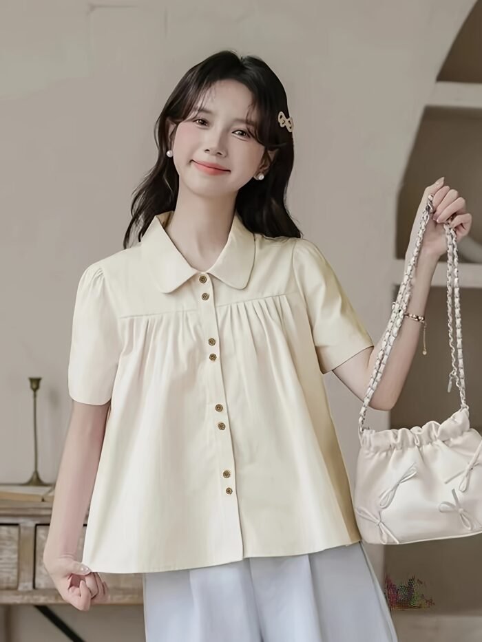[Chic Blouse] Lightweight Polyester Summer Short Sleeve Blouse for Women | Chic, Casual Yet Stylish, Sweet Doll Collar, Button-Up Shirt with Chest Pockets - Image 10