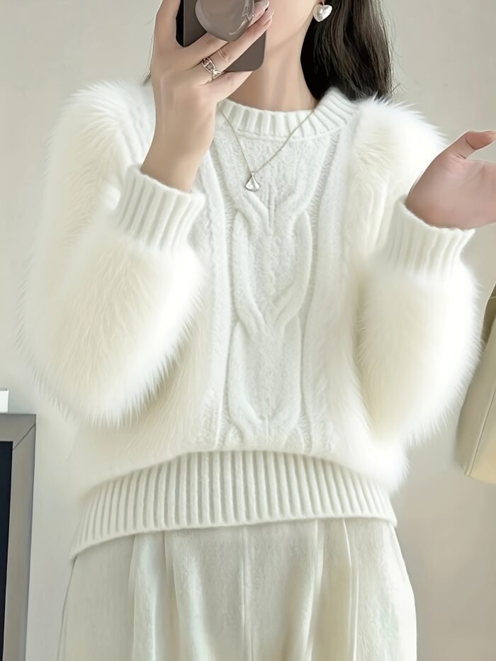 Women's Elegant White Faux Fur Collar Cable- Sweater - Soft Round Neck Pullover for Fall/Winter, Hand Wash or Dry Clean, Cute Sweaters, Winter Cozy Clothing, Farfetch Style, Quality Knitwear - Image 4