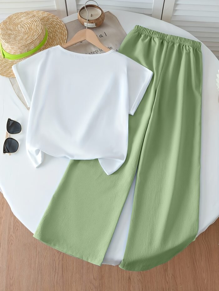 Spring and Summer Girls' New Arrival, Sunlight Fashionable Cute Artistic Print Round Neck Short Sleeve Solid Color Top with Casual Versatile Solid Color Pants Two-Piece Set, Suitable for Daily Outings, Beach Vacation, Family Gatherings, Parties, Picnics, Comfortable Two-Piece Set for Middle and Large Young Girls, a Delicate Gift for Friends, Family, and Relatives, for Outdoor, Girl Clothe For Summer, Girl Summer Clothe, Girl Clothe Set, Girl Clothe, Sportive For Girl, Girl Set - Image 3