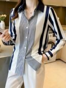 Women'S Elegant Striped Long Sleeve Blouse - Loose Fit, Designer Style, Polyester, Machine Washable - Perfect for Spring & Fall, Casual Attire, Casual Attire|Designer Style Top|Polyester Fabri