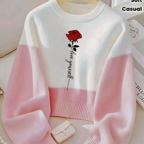Women'S Elegant Long Sleeve Rose Print Sweater - Soft Pink & White Color Block, Round Neck, Machine Washable, Perfect for Office, Casual Wear, and Travel
