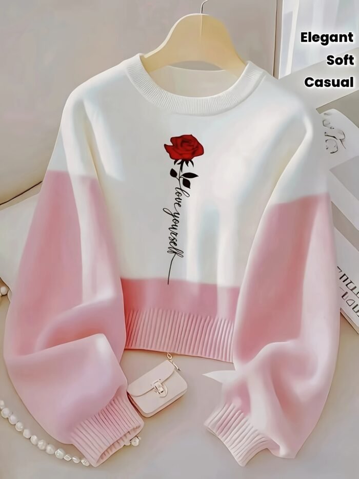Women'S Elegant Long Sleeve Rose Print Sweater - Soft Pink & White Color Block, Round Neck, Machine Washable, Perfect for Office, Casual Wear, and Travel
