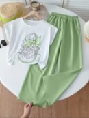 Spring and Summer Girls' New Arrival, Sunlight Fashionable Cute Artistic Print Round Neck Short Sleeve Solid Color Top with Casual Versatile Solid Color Pants Two-Piece Set, Suitable for Daily Outings, Beach Vacation, Family Gatherings, Parties, Picnics, Comfortable Two-Piece Set for Middle and Large Young Girls, a Delicate Gift for Friends, Family, and Relatives, for Outdoor, Girl Clothe For Summer, Girl Summer Clothe, Girl Clothe Set, Girl Clothe, Sportive For Girl, Girl Set