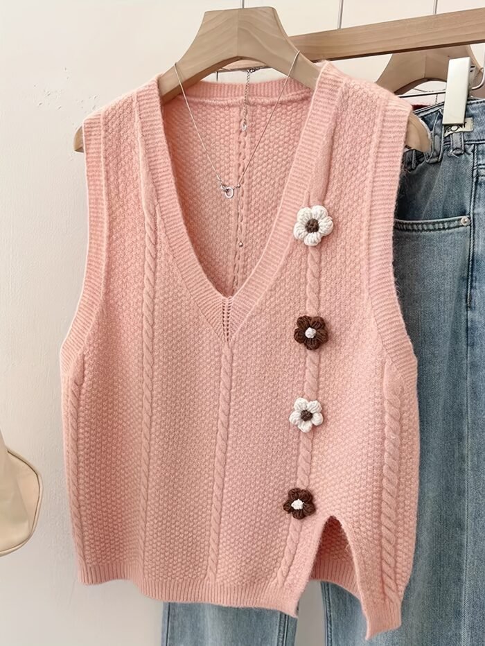 European and American Autumn-Winter New Twisted Flower Pattern Pullover Vest Sweater Jacket - Image 4