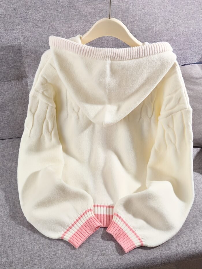 Women's Preppy Style Hooded Cardigan - & Pink Striped Button-Front Sweater with Heart Details, Loose Fit Jacket for Fall Winter Layering, Medium Stretch Casual Outerwear, Sweater Cardigan, Seasonal Fashion, Playful Details, Quality Stitching, College, Casual Attire, Soft Texture, Fashion Lovers - Image 5