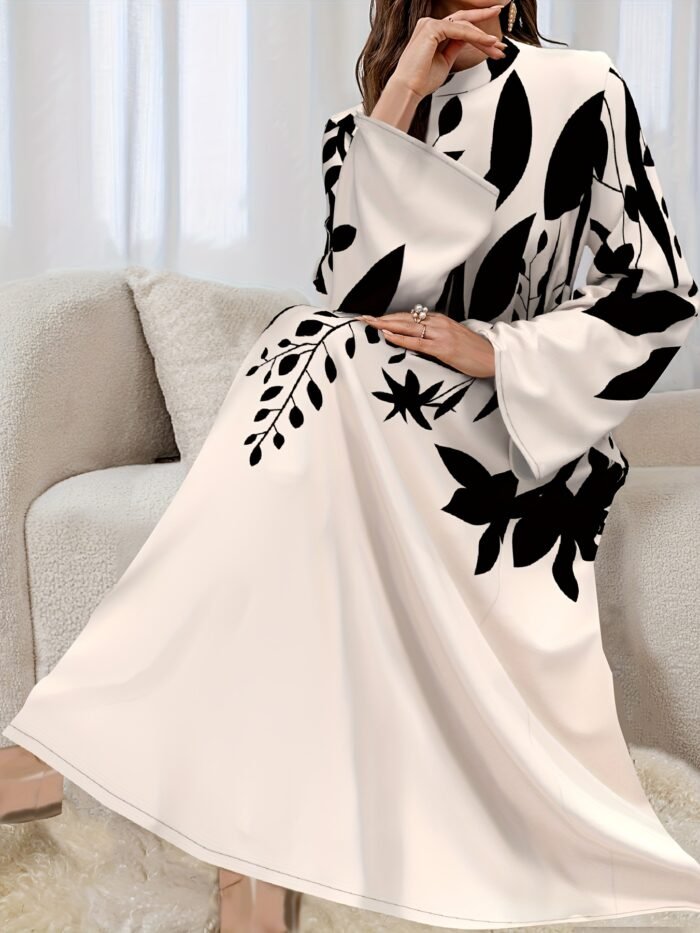 Women's Elegant Arabic/Korean-Inspired Abaya Dress with Mandarin Collar & Puff Sleeves - Long Train Maxi Gown, Belted Waist, A-Line -Length Dress for Weddings, Parties, Muslimah Fashion (Machine Washable) - Image 5