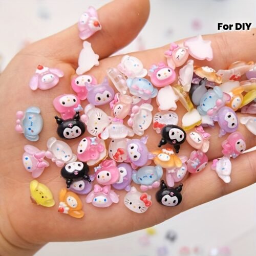 50pcs Sanrio Series Nail Art Rhinestone Kits - Kawaii Cat Kuromi Melody Colorful Resin Rhinestones for DIY Manicure