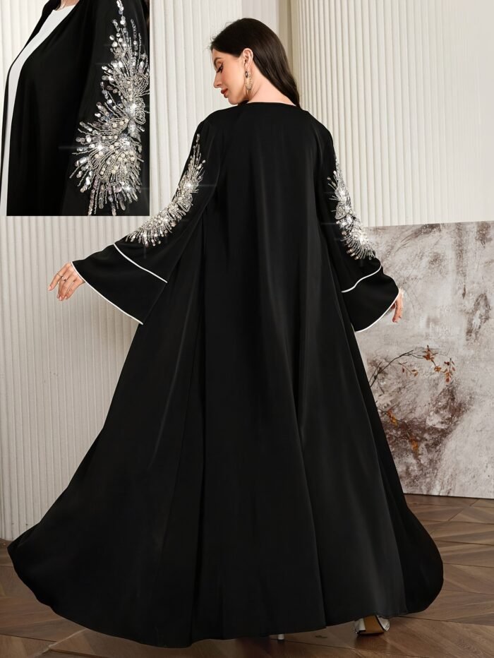 Women'S Elegant Arabic Abaya Robe - Long Sleeve Open Front Islamic Dress with & color contrast, Formal Wedding, Party, Everyday Muslim Gown for Modest Muslim Women - Spring/Fall/Summer Traditional Attire, Muslim Dress, Seasonal Wear - Image 4