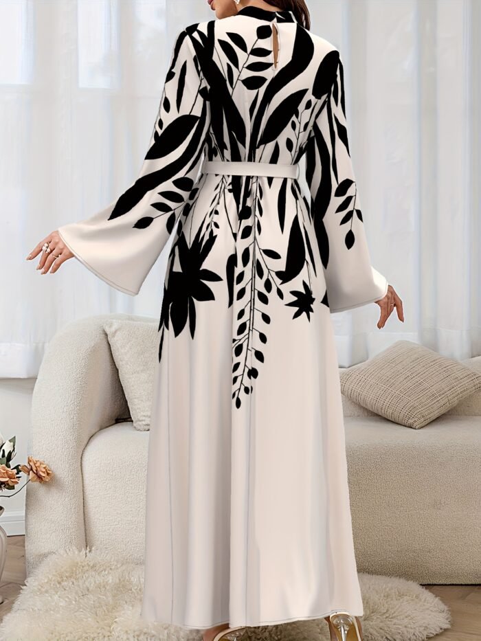 Women's Elegant Arabic/Korean-Inspired Abaya Dress with Mandarin Collar & Puff Sleeves - Long Train Maxi Gown, Belted Waist, A-Line -Length Dress for Weddings, Parties, Muslimah Fashion (Machine Washable) - Image 3