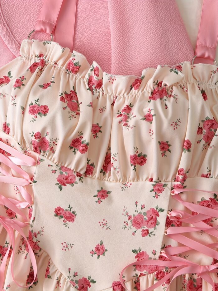 Elegant Direction V-Neck Buttonless Long Sleeve Jacket with Cross Tie Bow Metal Ring Butterfly Print A-Line Flared Chest Pleated Elastic Suspenders Dress 1950S Retro Elegant Party Dress Set, Women Dresses, Women Dress Autumn, Women Dress Set - Image 4