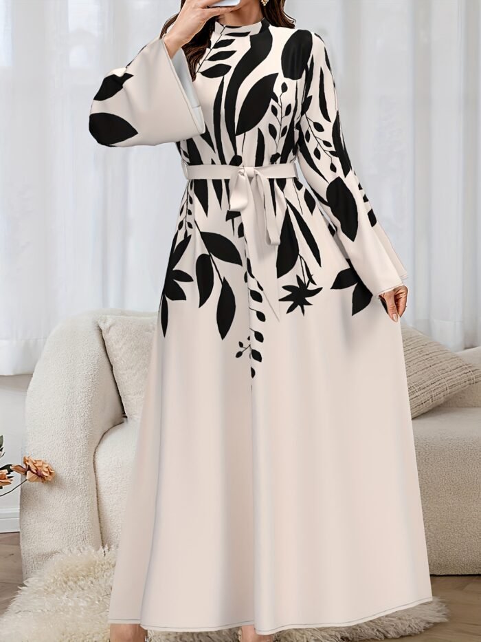 Women's Elegant Arabic/Korean-Inspired Abaya Dress with Mandarin Collar & Puff Sleeves - Long Train Maxi Gown, Belted Waist, A-Line -Length Dress for Weddings, Parties, Muslimah Fashion (Machine Washable) - Image 2
