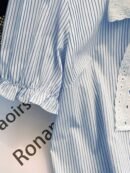 Women's & White Striped Puff Sleeve Blouse - Short Sleeve Button-Front Shirt with Bow Tie Collar, Vertical Striped Top for Spring Summer Casual & Semi-Formal Wear, Machine Washable (Non-Stretch)