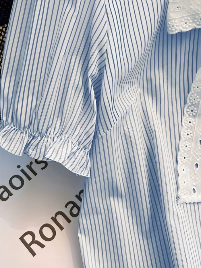 Women's & White Striped Puff Sleeve Blouse - Short Sleeve Button-Front Shirt with Bow Tie Collar, Vertical Striped Top for Spring Summer Casual & Semi-Formal Wear, Machine Washable (Non-Stretch) - Image 5