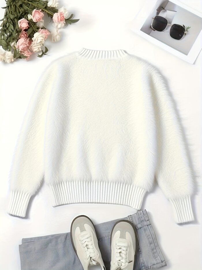 Women's Elegant White Faux Fur Collar Cable- Sweater - Soft Round Neck Pullover for Fall/Winter, Hand Wash or Dry Clean, Cute Sweaters, Winter Cozy Clothing, Farfetch Style, Quality Knitwear - Image 3