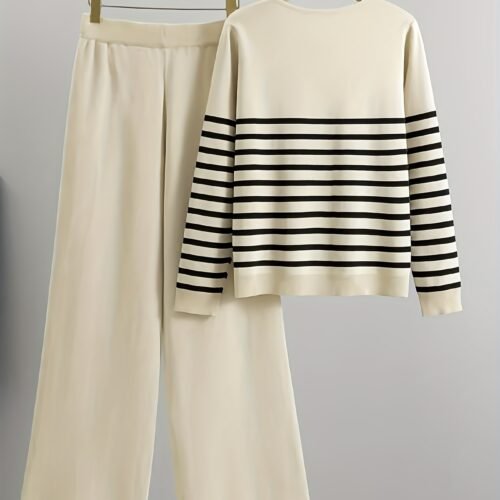 2pcs Autumn and Winter French Cream White Striped Set | Contrast Round Neck Top + High Waist Wide Leg Pants | Loose Fit, Effect | Soft Light Beige-Friendly Non-Irritating | Perfect for Commuting, Dates, and Home Wear | Minimalist Korean Style Chic Outfit Recommended