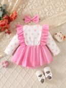Sweet Baby Girl Set: Pink Polka Dot Dress with Cat Print, 3D Ruffled Trim, And Bow Headband - Two-Piece Set, for Outdoor