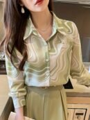 Elegant Women'S Long Sleeve Print Blouse - Stylish Green & White Marble Pattern, Button-Up Collared Shirt, All-Season Versatile Top for Casual or Formal Occasions, Ladies Blouses