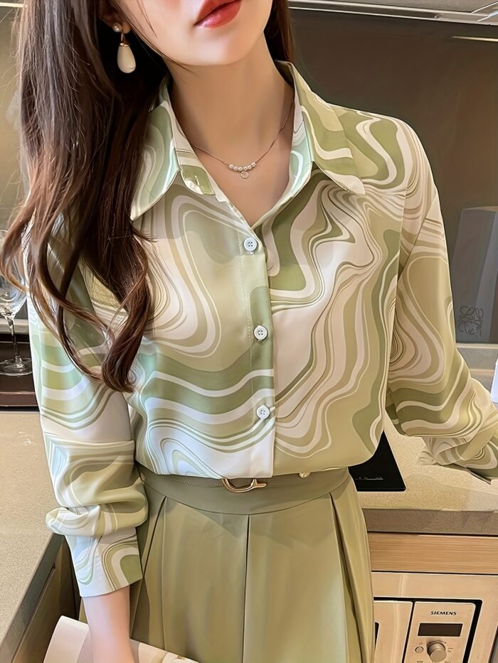 Elegant Women'S Long Sleeve Print Blouse - Stylish Green & White Marble Pattern, Button-Up Collared Shirt, All-Season Versatile Top for Casual or Formal Occasions, Ladies Blouses - Image 2