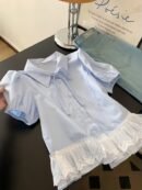 Elegant French-Style Women'S Short Sleeve Blouse with Contrast Lace Hem - Light Blue, Chic Collar Design, Perfect for Casual or Formal Occasions, Ladies Blouses