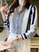 Women'S Elegant Striped Long Sleeve Blouse - Loose Fit, Designer Style, Polyester, Machine Washable - Perfect for Spring & Fall, Casual Attire, Casual Attire|Designer Style Top|Polyester Fabri
