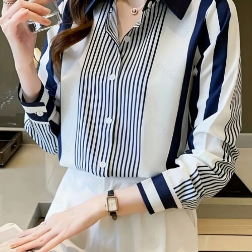 Women'S Elegant Striped Long Sleeve Blouse - Loose Fit, Designer Style, Polyester, Machine Washable - Perfect for Spring & Fall, Casual Attire, Casual Attire|Designer Style Top|Polyester Fabri