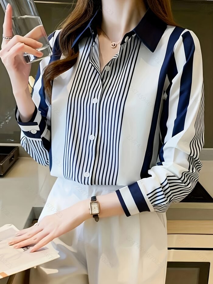 Women'S Elegant Striped Long Sleeve Blouse - Loose Fit, Designer Style, Polyester, Machine Washable - Perfect for Spring & Fall, Casual Attire, Casual Attire|Designer Style Top|Polyester Fabri