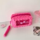 Cute Plush Makeup Bag with Bow Charm - Portable Cosmetic Organizer for Women, Soft Pink with Golden Accents, Compact Design for Travel & Daily Use, Makeup Travel Bag, Playful Design, Decorative Bow Detail
